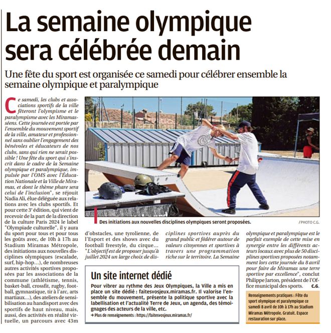 La Provence  – Vendredi 07 avril 2023 « La semaine olympique sera célébrée demain »