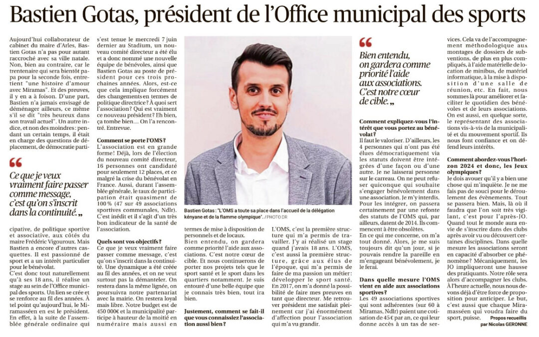 « Bastien Gotas, Président de l’Office Municipal des Sports » – Revue de presse La Provence 16/06/2023